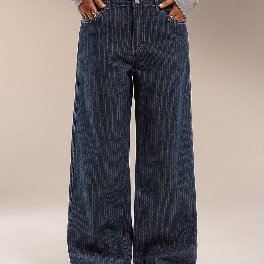 Mörkblå Ränder Vida Jeans för Dam