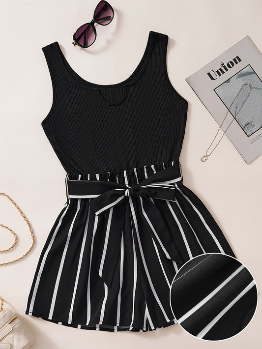 Dam Playsuit Elegant Randig Sommar Kortärmad med Midjeband