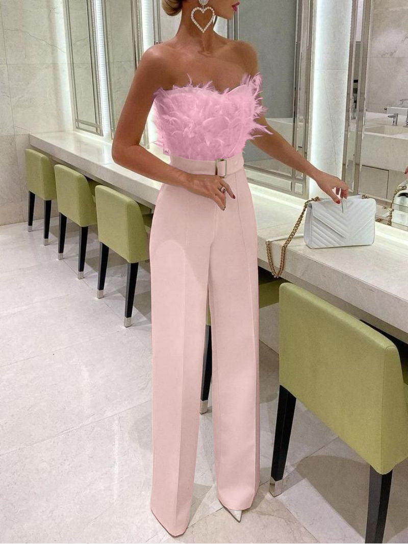 Gabrielle – Jumpsuit med fjädrar för festkvällar