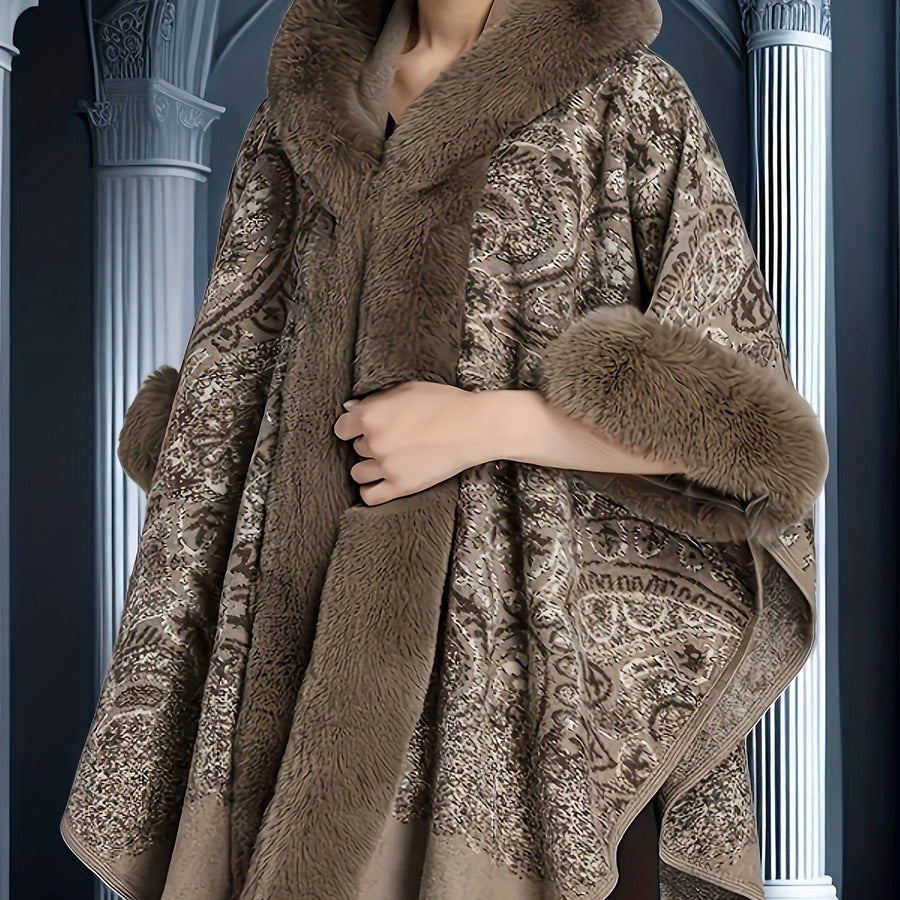 Mönstrad Poncho med Fuskpälsdetaljer och Huva Brun