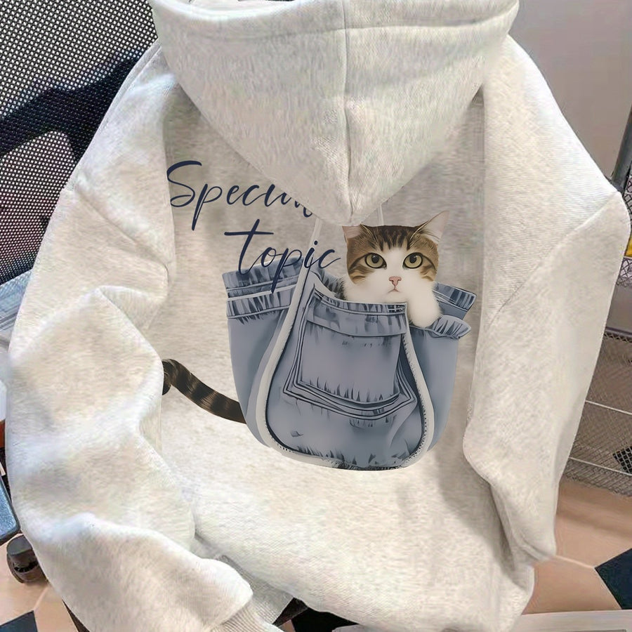 Ljusgrå hoodie med kattmotiv i ficka, mysig unisex huvtröja