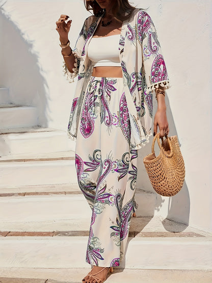 Dam Set – Bohemisk Paisley Mönstrad Kimono & Vida Byxor, Perfekt för Vår och Sommar