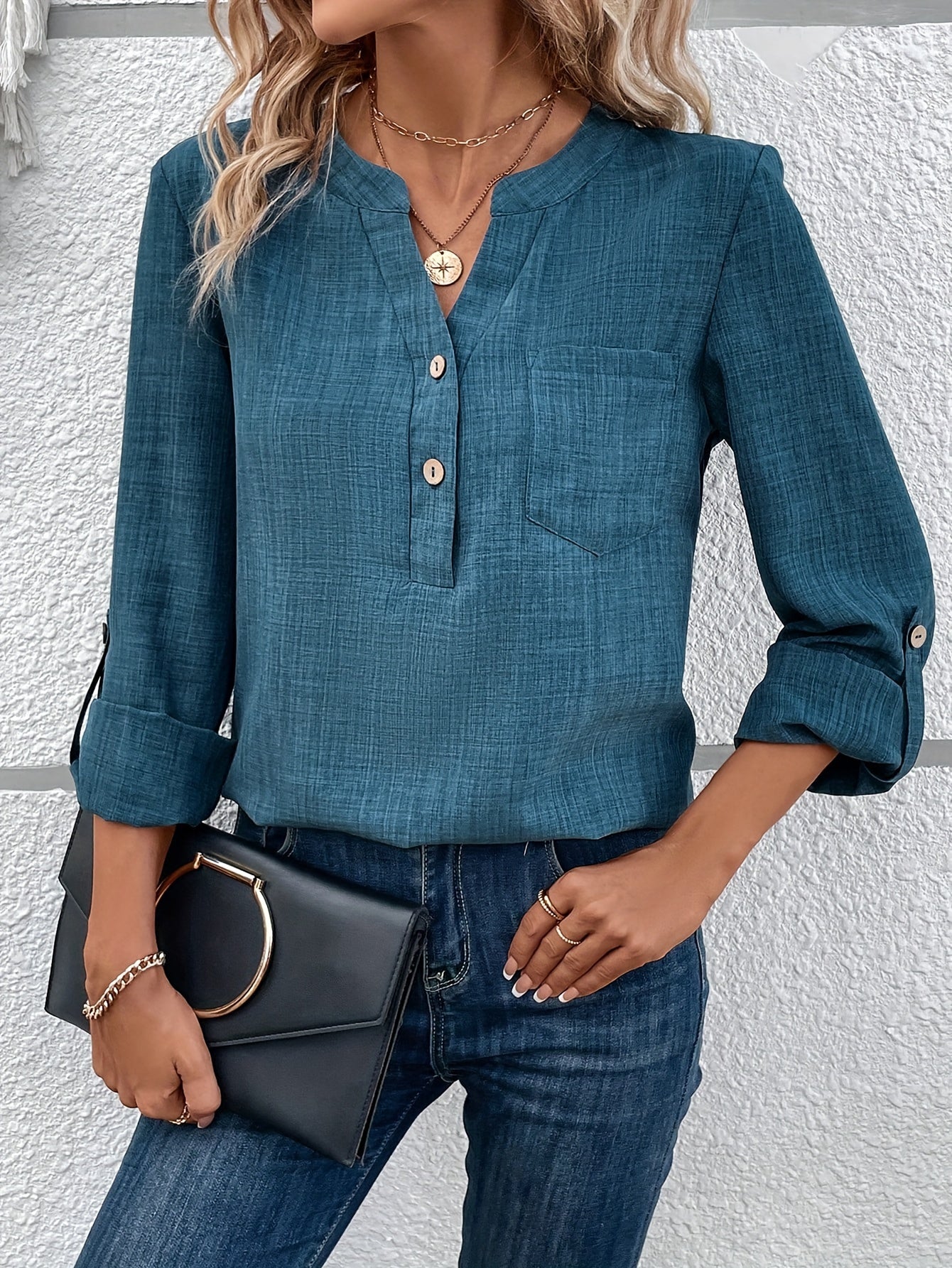 Dam Blus Vardagsstil med Enkel Fickdetalj och Knappar – Perfekt för Kontor och Fritid