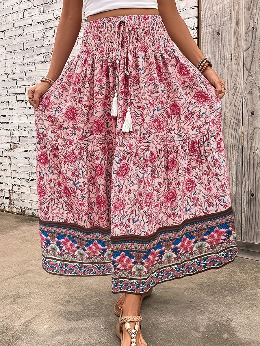 Dam Kjol Boho Lång Blommig Elegant Sommarmode Fickor