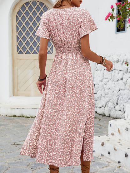Damklänning Elegant V-ringad Blommig Sommarklänning med Kort Ärm och Slits