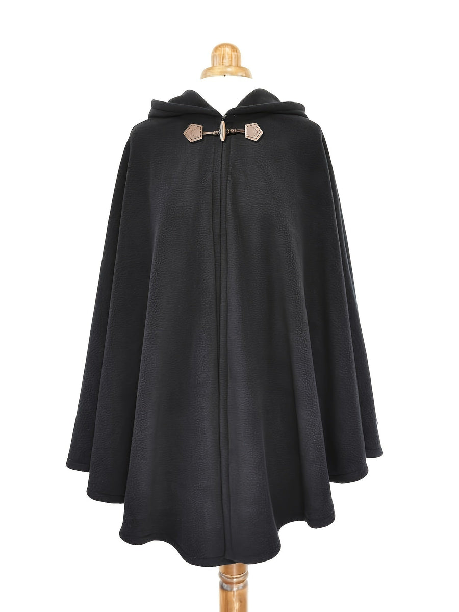 Fleeceponcho med huva och knäppning, enfärgad damponcho