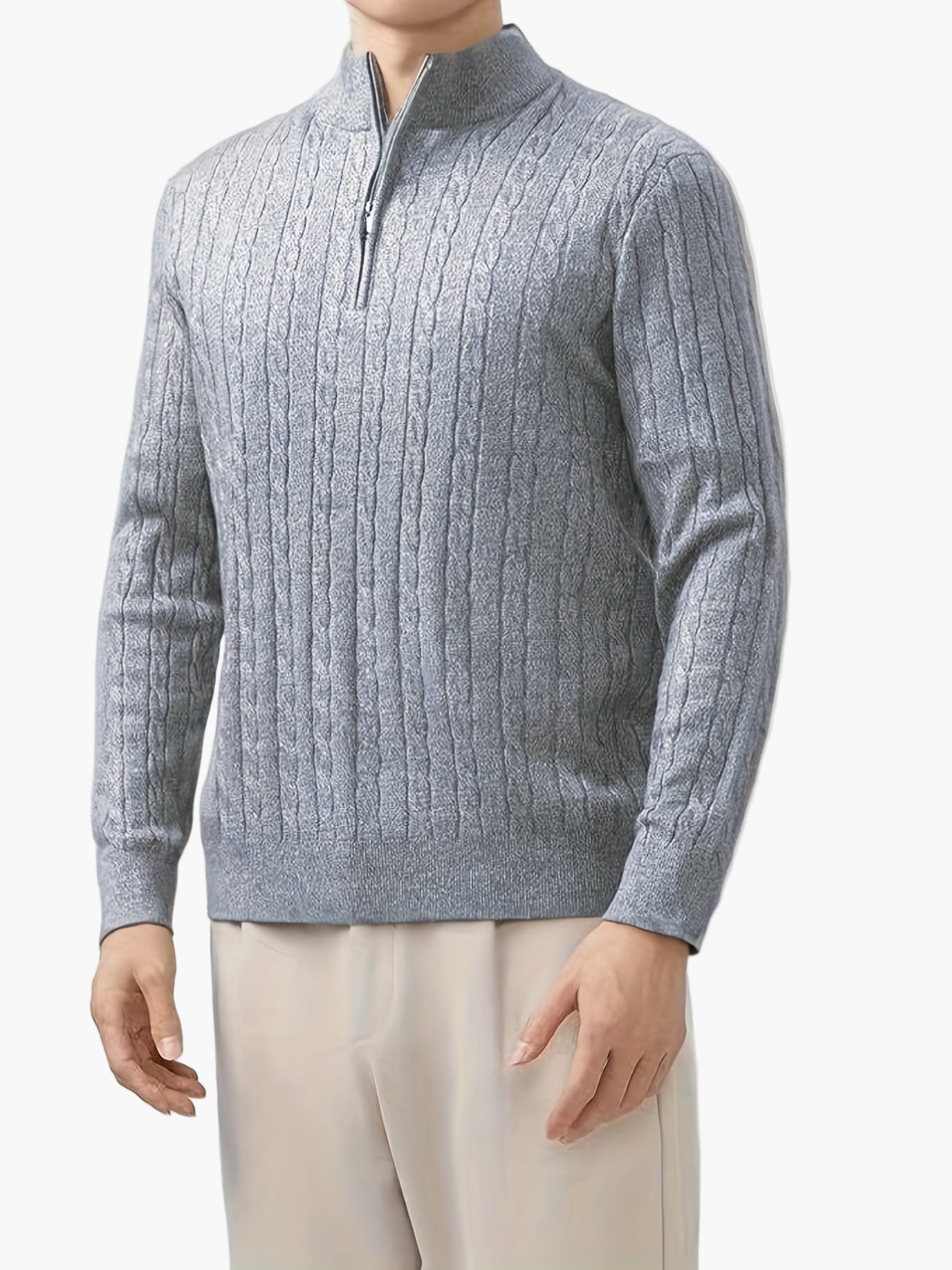 Herrtröja med halv dragkedja och kabelstickad design – Casual höst/vinter vardagströja