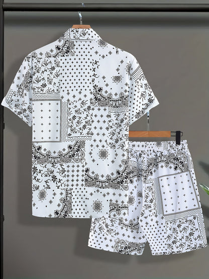 Herr Bandana-Set med Skjorta och Shorts – Avslappnad Sommarstil, Paisleymönster, Perfekt för Semester och Fritid