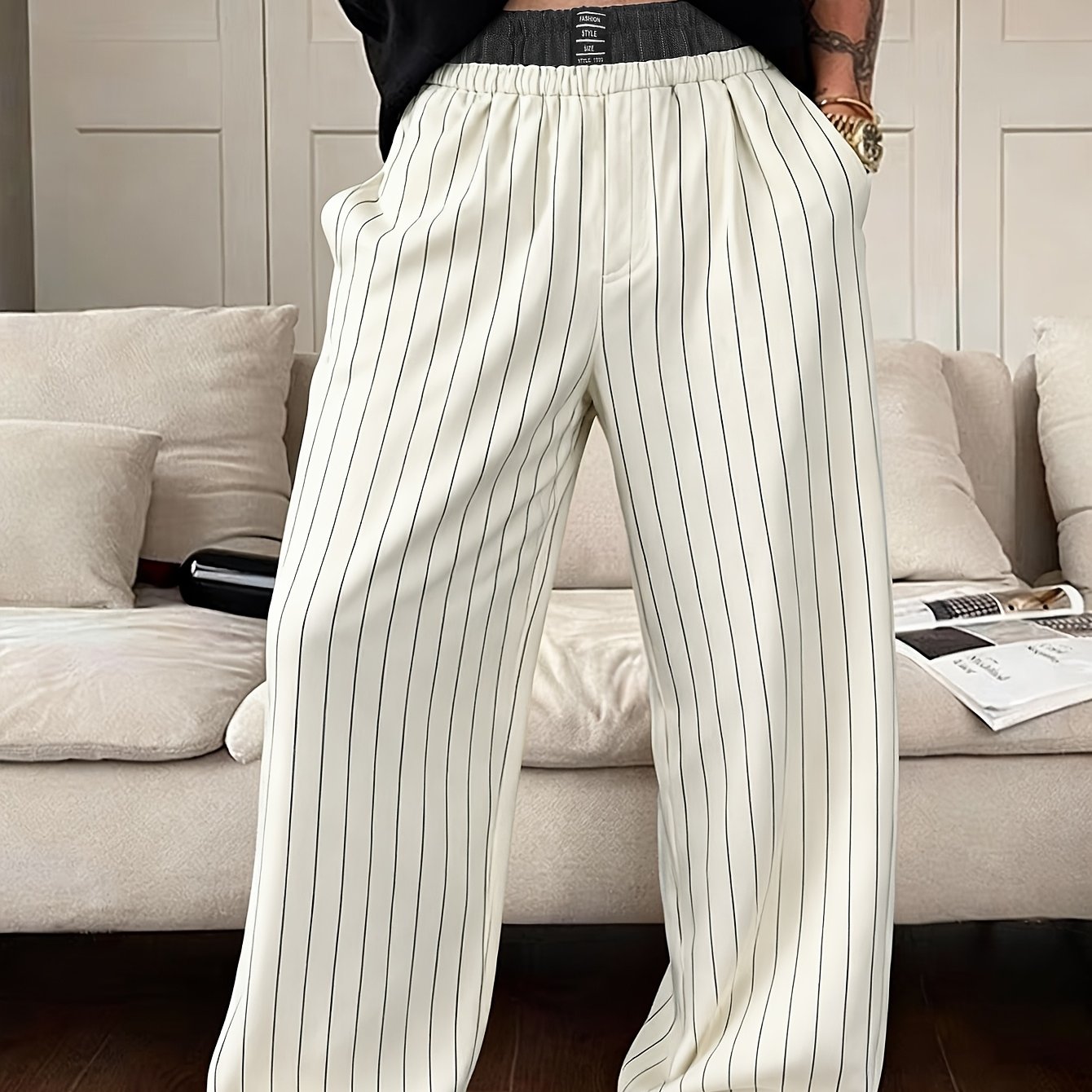 Herrbyxa med vida ben och eleganta ränder – Modern lounge- och fritidsbyxa