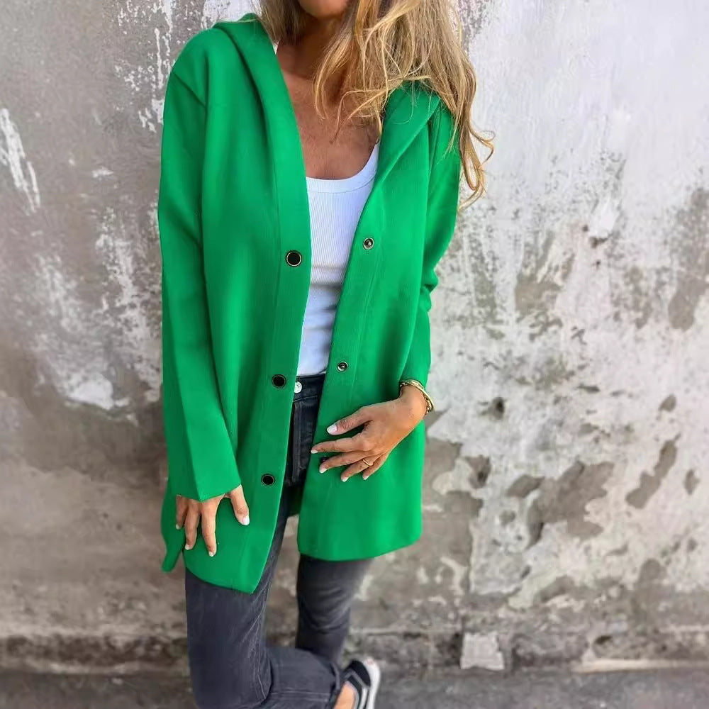 Linda – Lättvikts Huva Enkelt Knäppt Cardigan Fashion Lös Enfärgad Jacka Vår och Höst Damkläder