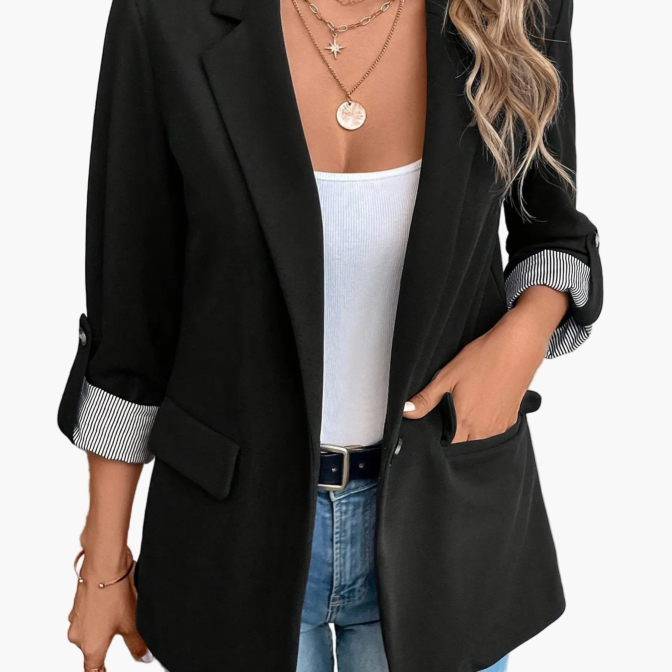 Dam Blazer Elegant Kavaj med Uppvikta Ärmar – Perfekt för Kontor och Vardag