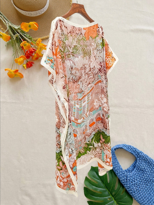 Dam Poncho Kaftan Boho Asymmetrisk Strandtunika med Blommönster