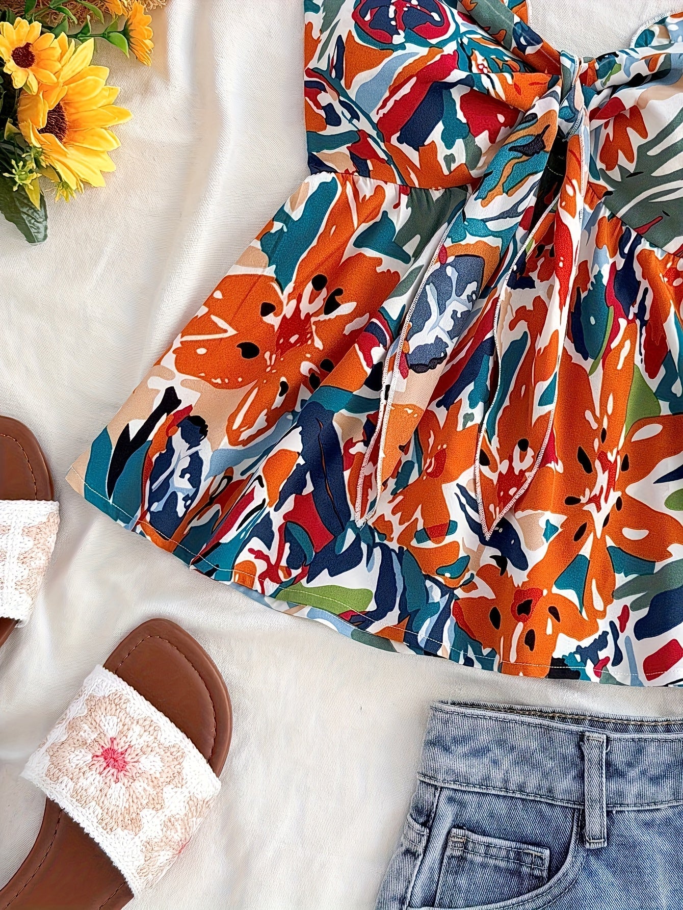 Dam Bandeau Knuten Kort Top – Somrig Blommig Design för Semester & Strand