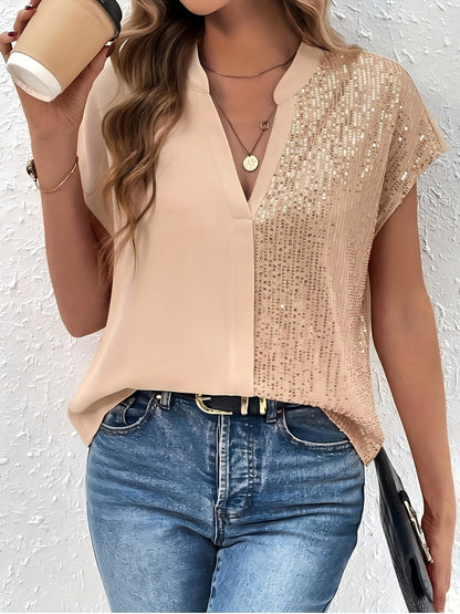 Dam Elegant Blus med Paljettdetaljer och V-ringning – Perfekt för Kontor och Fest