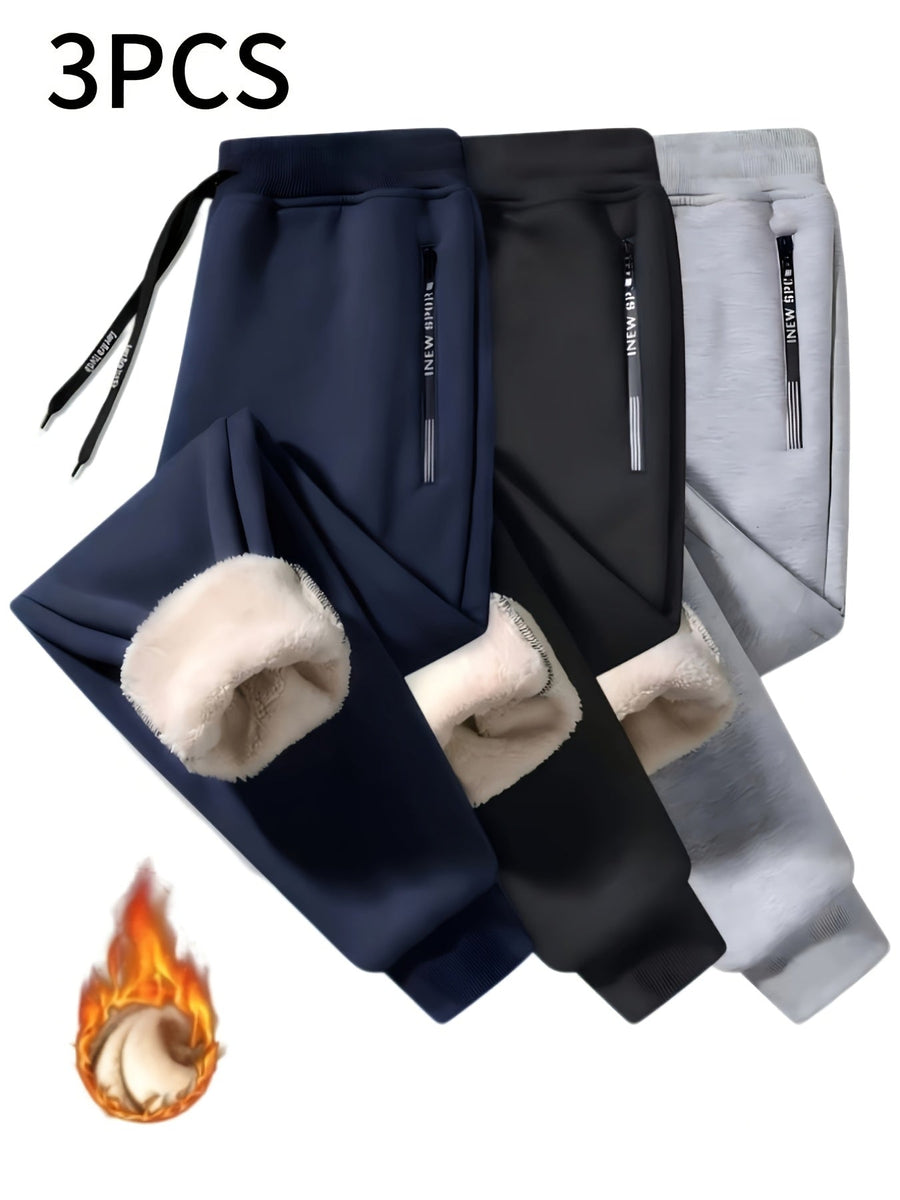 Herr Joggingbyxor Fleecefodrade 3-pack med Dragkedjefickor och Dragsko