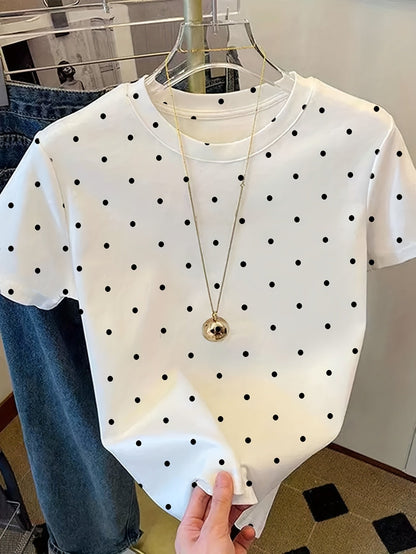 Dam T-shirt med Prickigt Elegant Mönster – Vardagsstil och Bekvämlighet