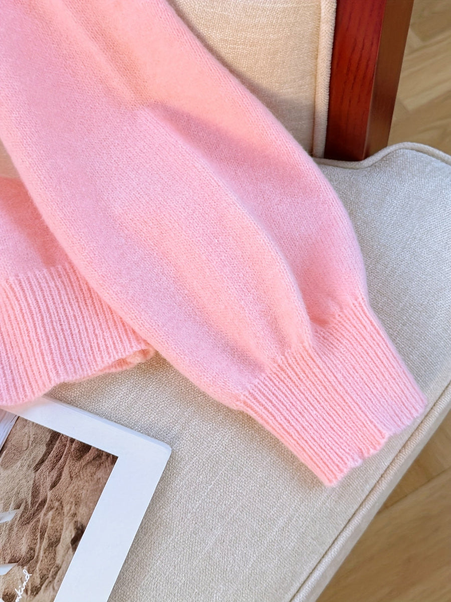 Vit och Rosa Tröja med Rosmotiv, Rund Hals, Långa Ärmar