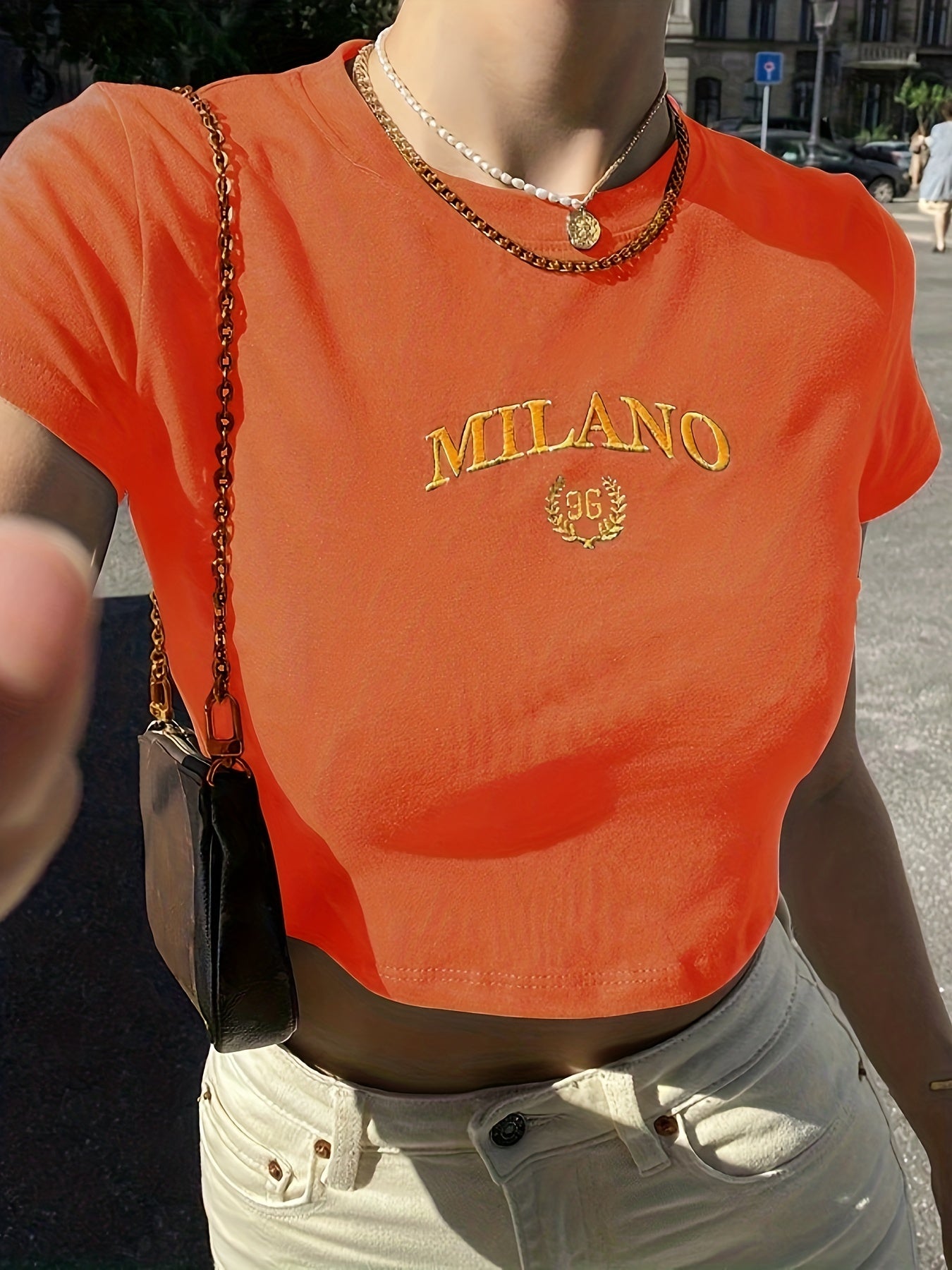 Dam T-shirt Cropped Milano Broderad Trendig Sommar Y2K