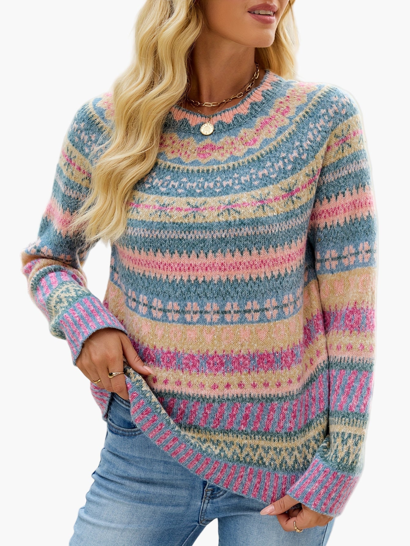 Dam Tröja Elegant Mönstrad Stickad Pullover för Höst och Vinter
