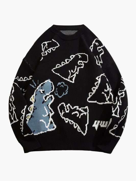 Herrtröja med tecknad dinosauriedesign, avslappnad streetwear för höst och vinter