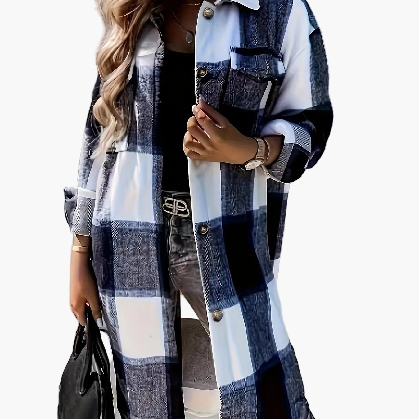 Dam Skjortjacka Lång Oversize Rutig Casual Vår/Höst