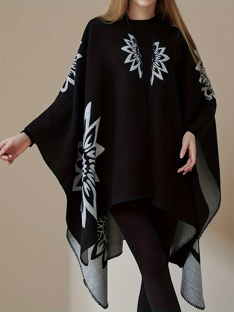 Vändbar poncho med blommönster, svart och grå