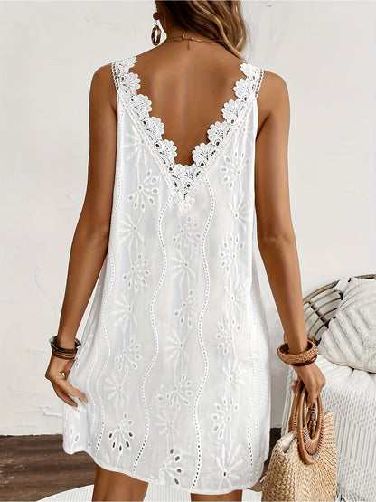 Dam Klänning Sommarklänning Broderad Boho Stil V-ringad Blommig Spetsdekor