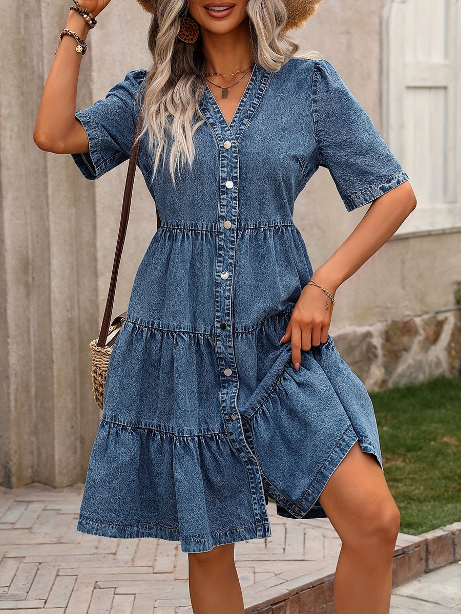 Damklänning Elegant V-ringad Jeansklänning med Knappar – Perfekt för Vår och Sommar