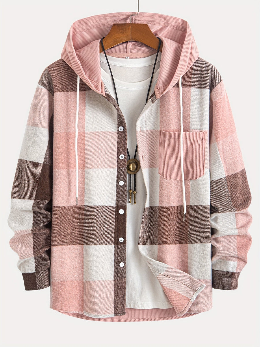 Rutig Overshirt med Huva för Herr, Brun Corduroy Huva och Bröstficka, Knappstängning