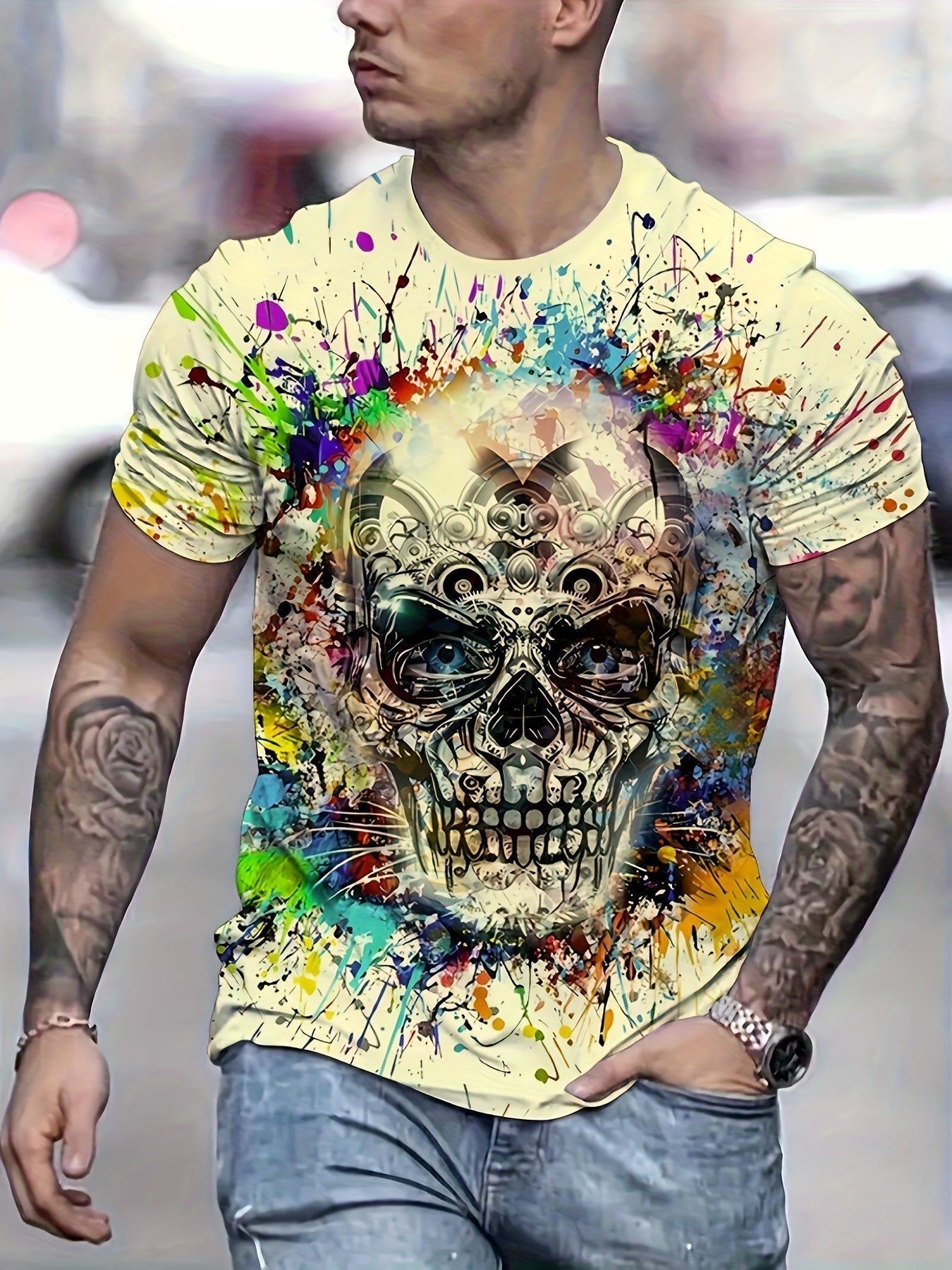 Herr T-shirt med färgstarkt dödskalletryck, streetwear-stil, kortärmad, plus size