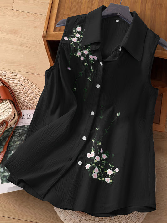 Dam Ärmlös Elegant Blus med Broderade Blommor – Perfekt För Vardag och Kontor