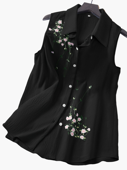 Dam Ärmlös Elegant Blus med Broderade Blommor – Perfekt För Vardag och Kontor