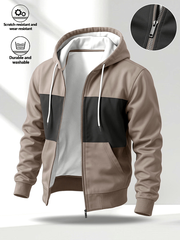 Hoodie med dragkedja, tvåfärgad blockdesign och luva