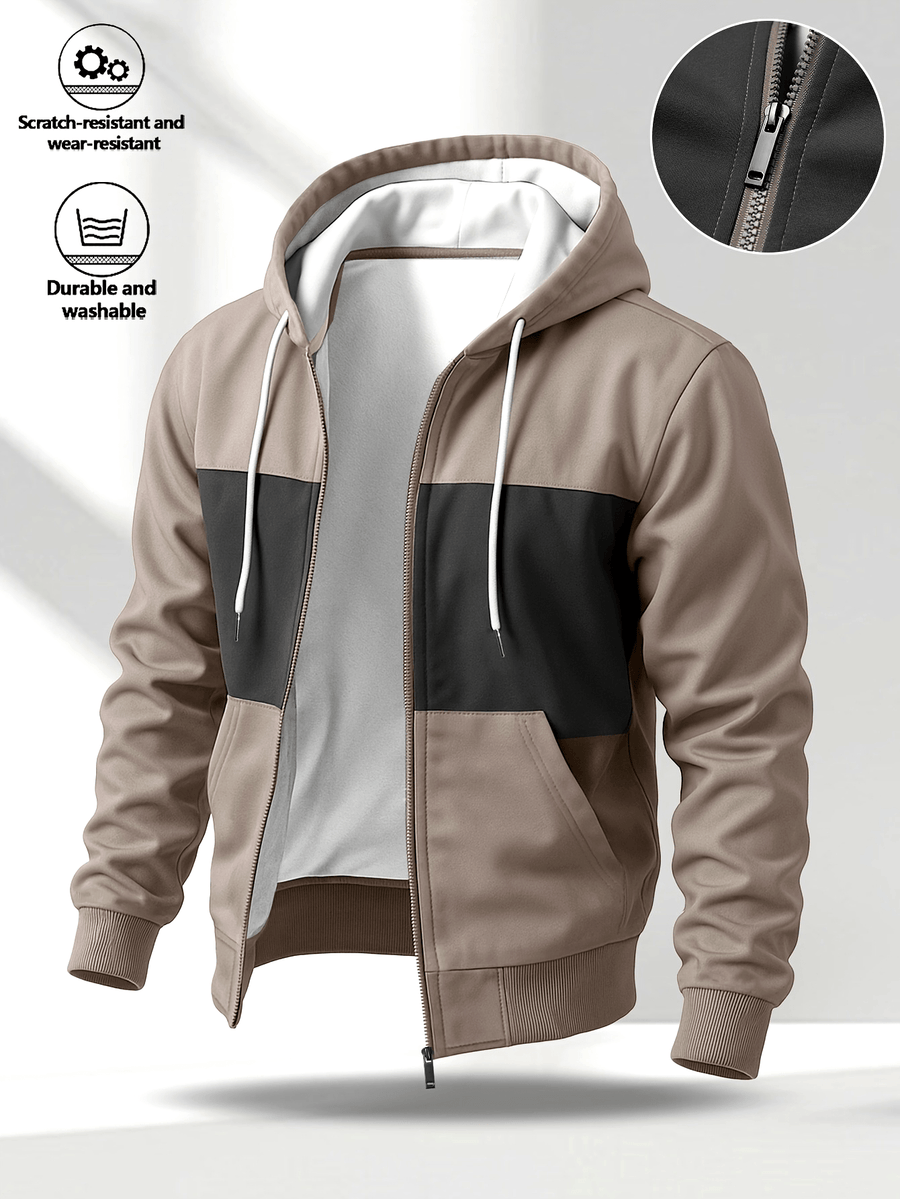 Hoodie med dragkedja, tvåfärgad blockdesign och luva