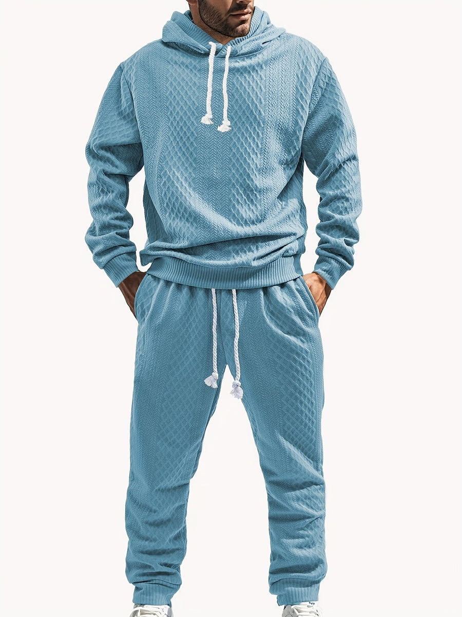 Rutigt Herr Set med Hoodie och Mjukisbyxor i Strukturerat Material