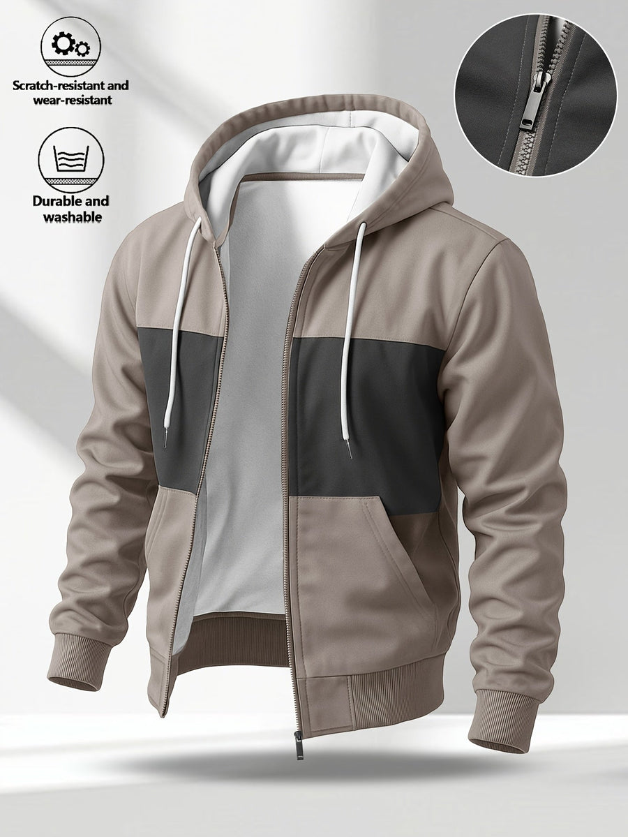 Hoodie med dragkedja, tvåfärgad blockdesign och luva