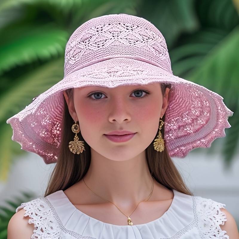 Virkningsmönstrad Solhatt för Dam med Bred Brätte och Blomdetalj