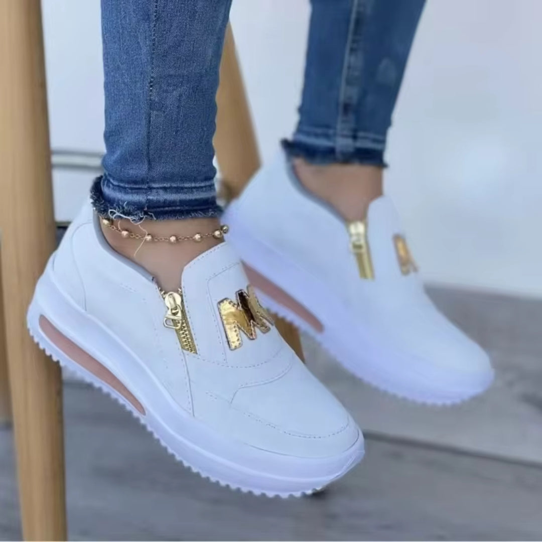 Sportiga Kvinnosneakers med Platåsula och Guldfärgade Dragkedjor – Sommar