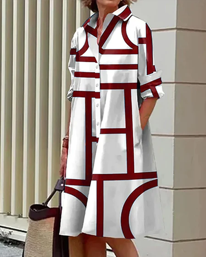 Dam Skjortklänning med Geometriskt Mönster och Fickor, Avslappnad och Elegant Vardagsstil
