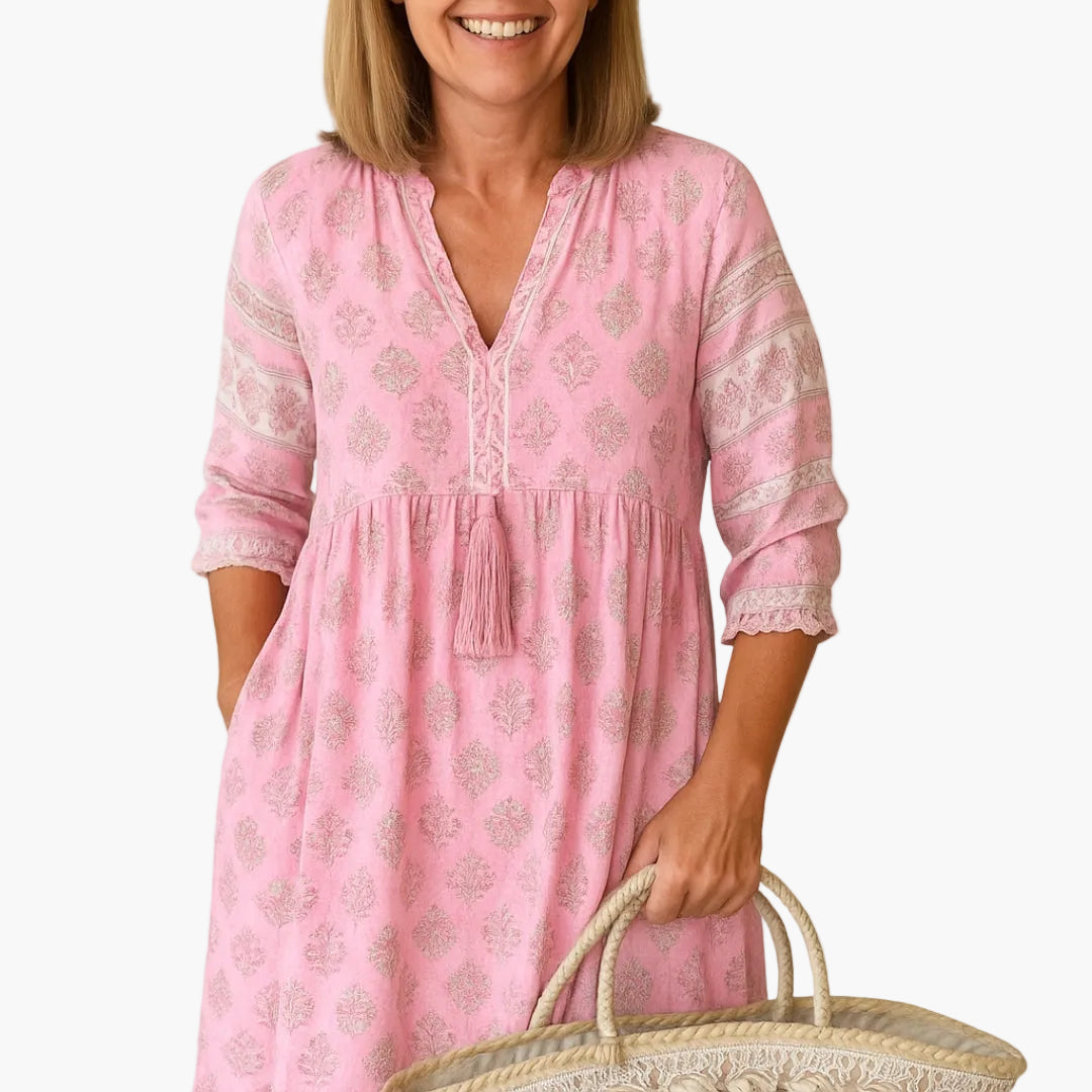 Damklänning Boho Stil Midi Avslappnad med Tryck och 3/4-Ärm för Sommar och Semester