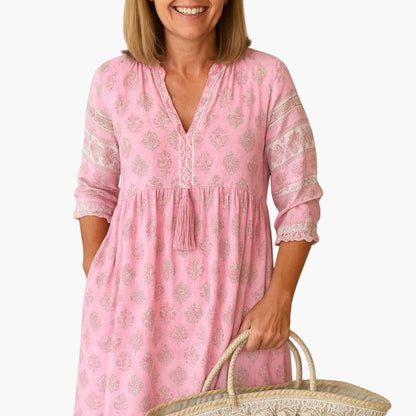 Damklänning Boho Stil Midi Avslappnad med Tryck och 3/4-Ärm för Sommar och Semester