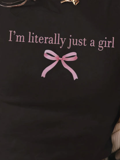 Women's Trendig Croppad T-shirt med Tryck och Söt Rosett – Perfekt för Avslappnade Tillfällen