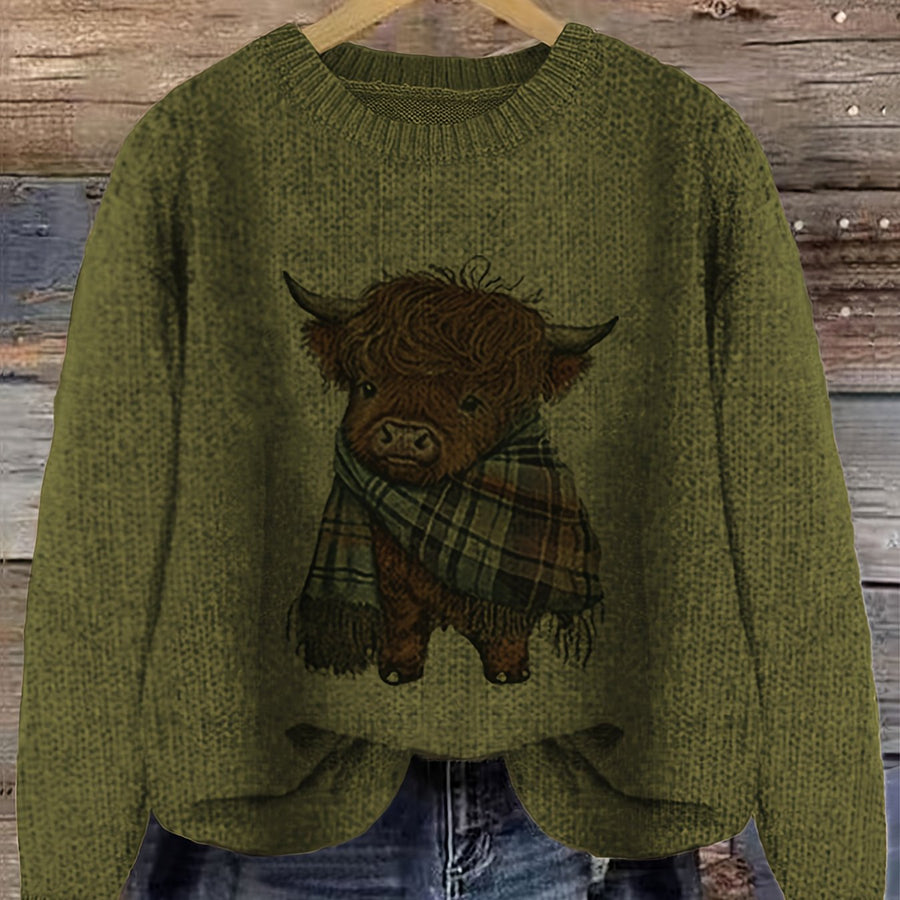 Women's Crew Neck Highland Cow Graphic Pullover Sweater