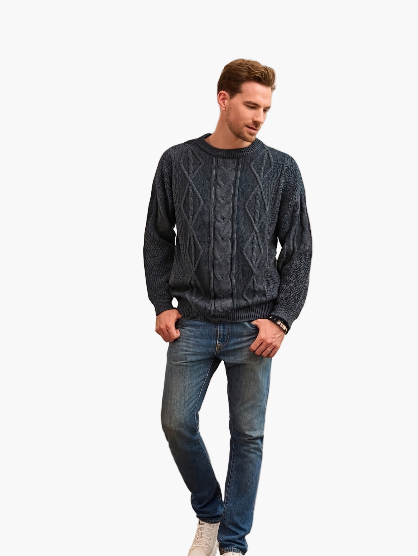 Herr Stickad Tröja med Kabelmönster – Casual Höst/Vinter Mode