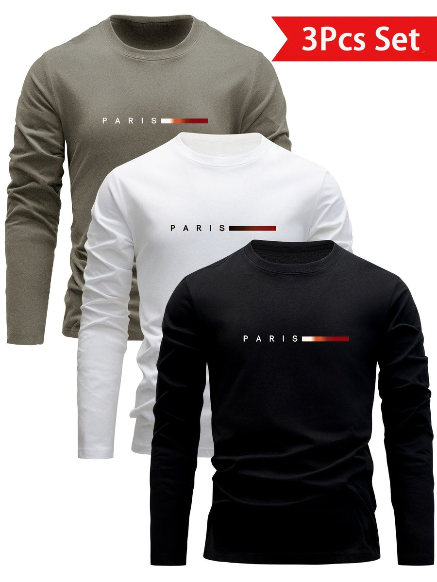 Set om 3 långärmade T-shirts med "PARIS" tryck - Grå, Vit och Svart