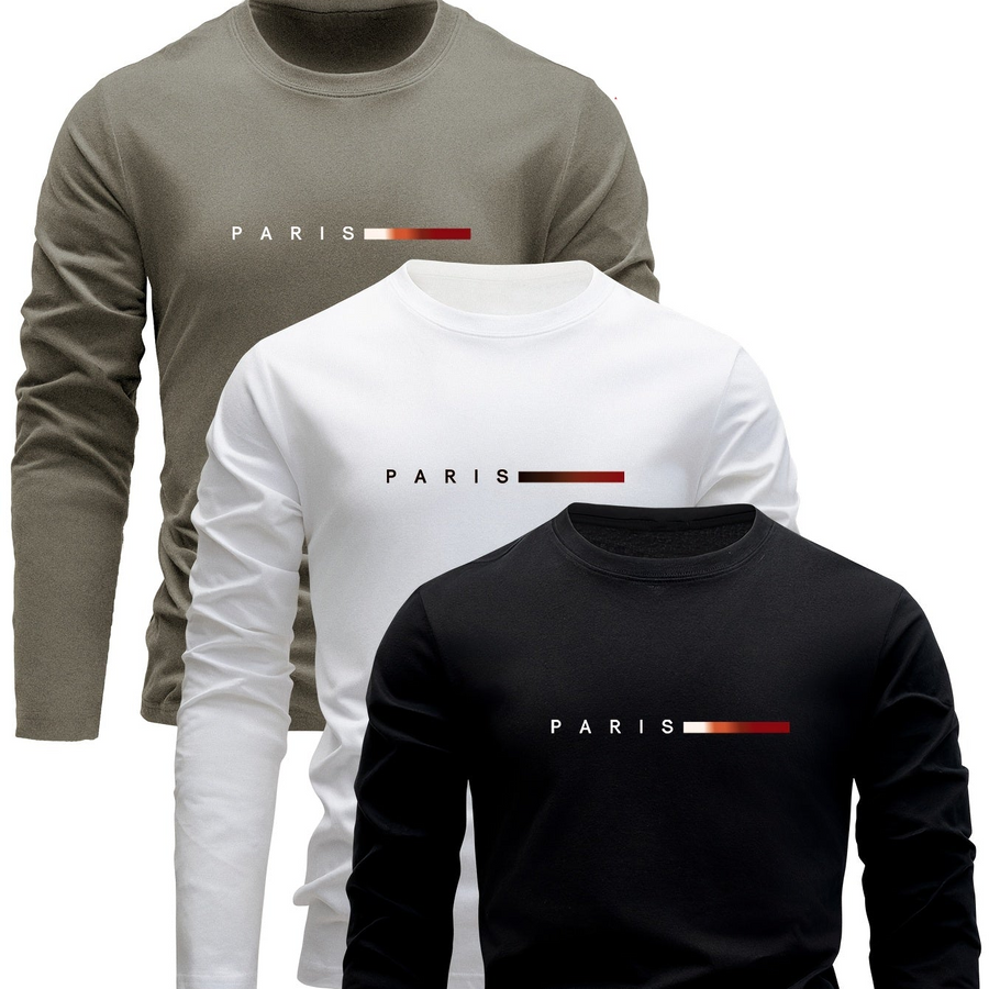 Set om 3 långärmade T-shirts med "PARIS" tryck - Grå, Vit och Svart