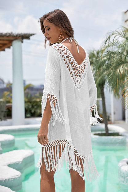 Patricia – Solid Color Woven Hollow Sunscreen Bikini V-neck Blouse