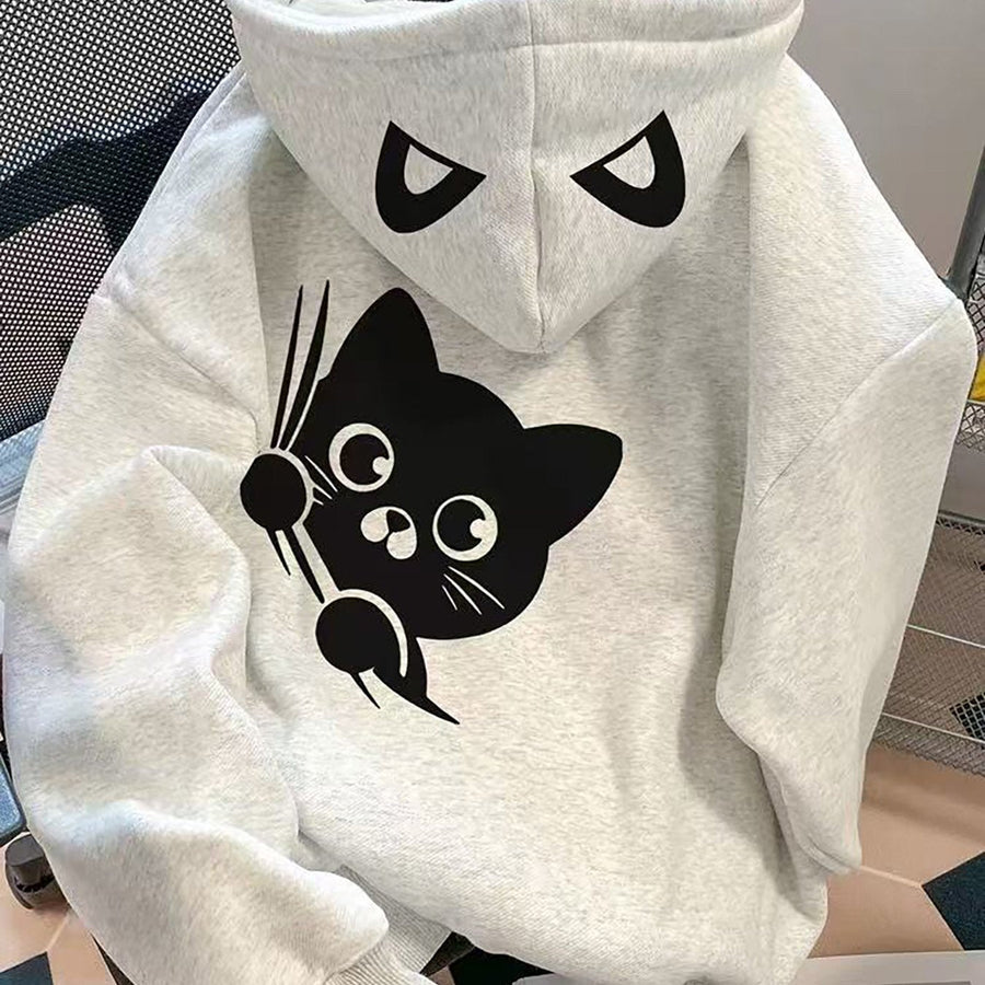 Ljusgrå hoodie med kattmotiv och kattögon på huvan, avslappnad passform