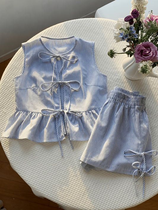 Dam Set Med Volangtop och Shorts – Randigt, Sommar, Avslappnad Stil