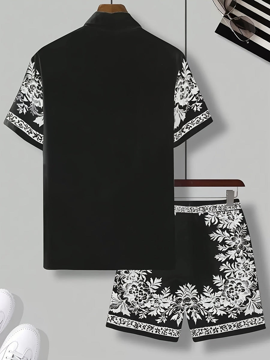 Herrset – Somrig kortärmad skjorta och shorts med blommönster, avslappnad semesterstil